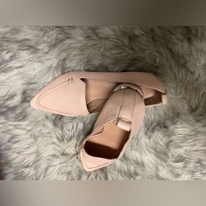 blush franco sarto flats with pointed toe and silver detail in the heel